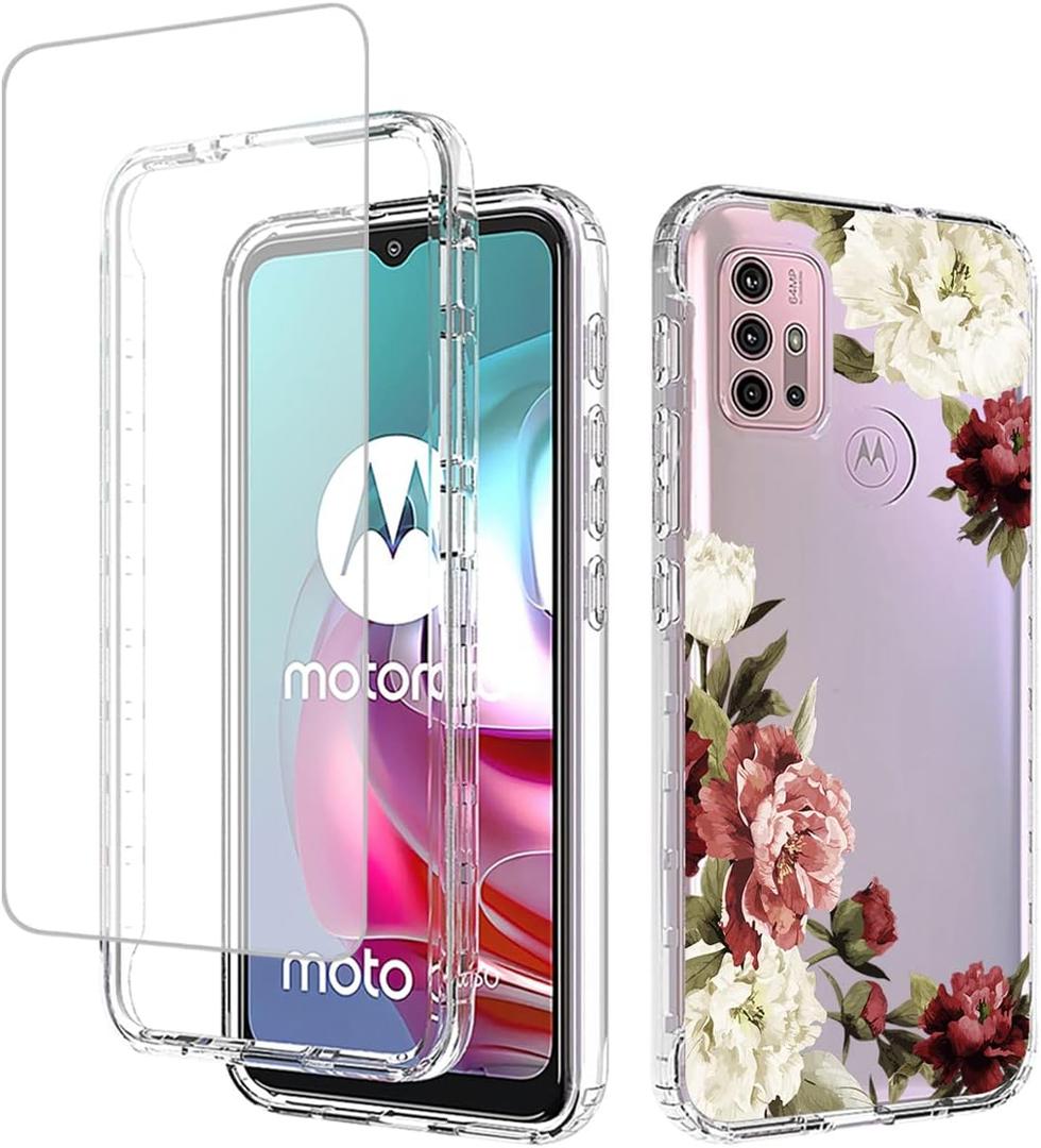 for Moto G30/Moto G10/Moto G20/Moto G10 Power XT2129-1 Case with Tempered Glass Screen Protector, Full-Body Cute Clear Floral Pattern Protective Phone Cover Case for Motorola Moto G30 (Flower)