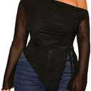 RoseSeek Women's Plus Size Sheer Mesh Off Shoulder Tops Long Sleeve Drawstring Asymmetrical Hem Ruched T Shirt 2XL