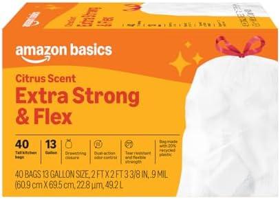 Amazon Basics Extra Strong & Flex Tall Kitchen Drawstring Waste Bags, Citrus Scent, 13 Gallon, 40 Count 3 Pack
