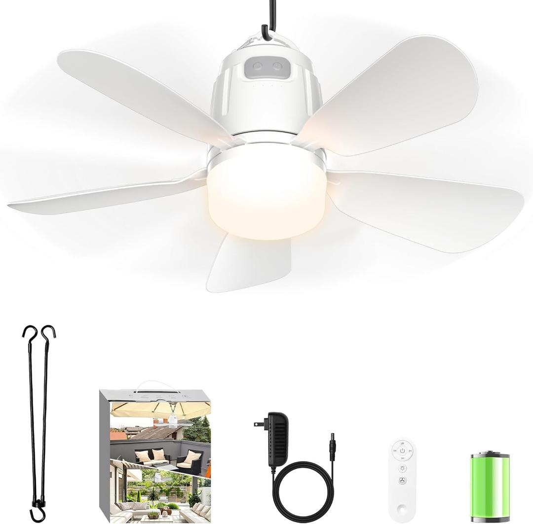 Canopy Fan 20'', 20000mAh Portable Outdoor Ceiling Fan with Light with Remote Control and Extension Hook, Easy Operation Battery Powered Fan Light for Gazebo, Tent, Patio, Camping (White)
