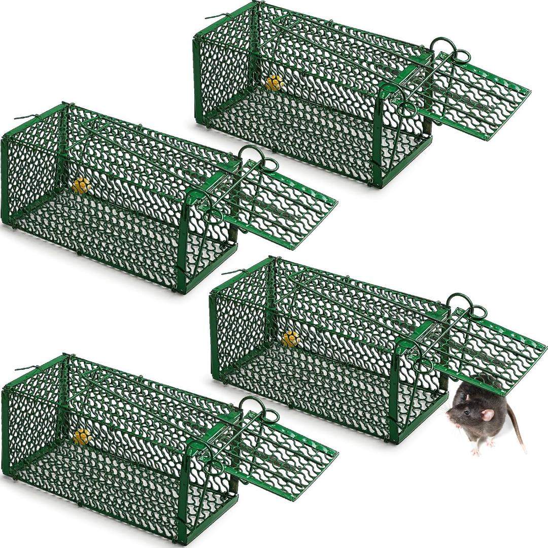 Qualirey 4 Pcs Humane Rat Trap Chipmunk Squirrel Cage Trap 4.33 x 4.33 x 9.06 Inches Foldable Rodent for Small Live Animal Voles Hamsters Catch and Release for Kitchen Yard Garage (Green)