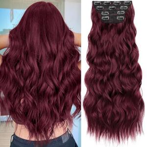 KooKaStyle Burgundy Clip in Hair Extensions for women Synthetic Heat Resistant 4PCS Thick Long Wavy Hairpieces 24 Inch