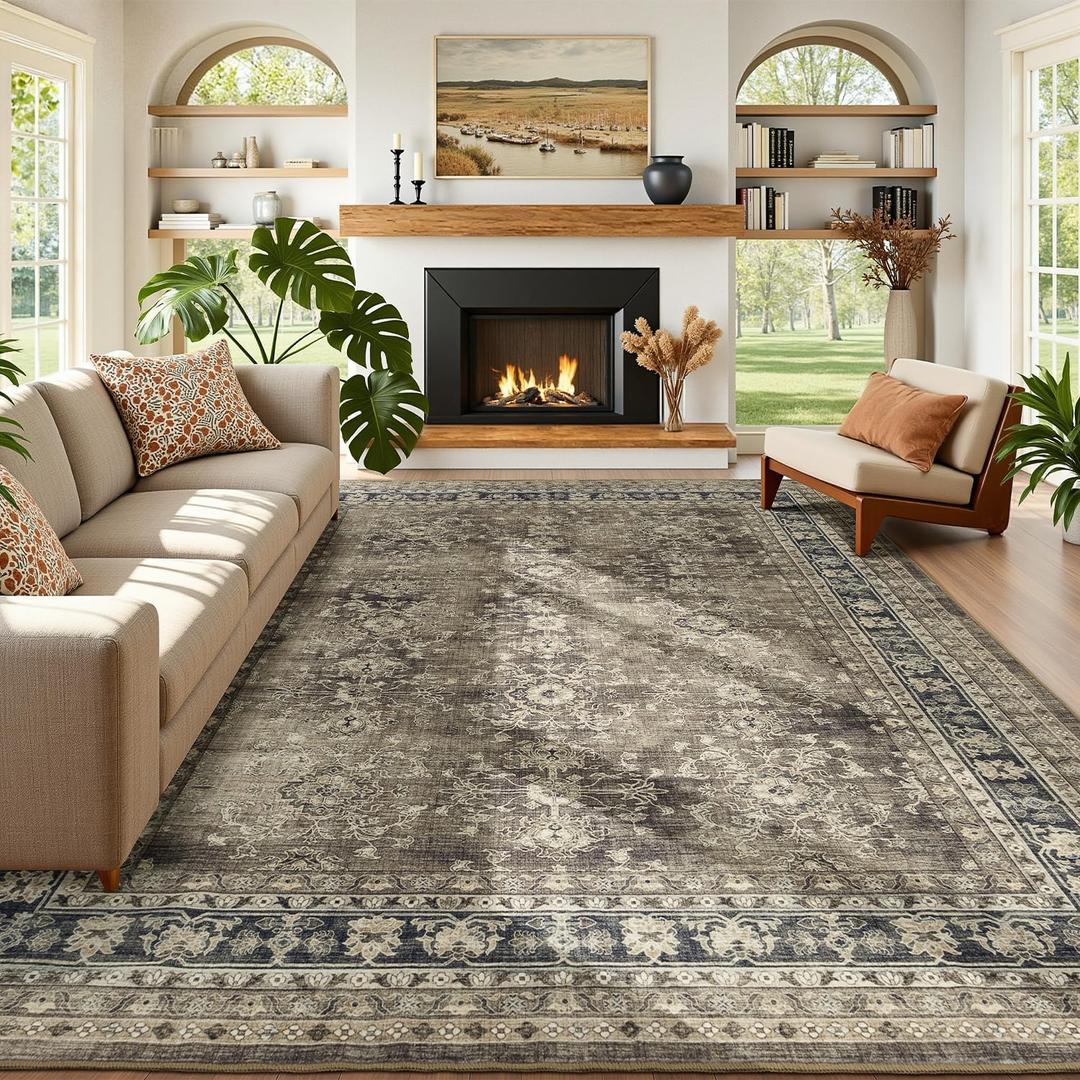 Lessymo 9x12 Area Rugs for Living Room, Machine Washable Non Slip Large Rug, Soft Low Pile Carpet for Bedroom Dining Office, Vintage Brown Distressed Floral Floor Decor