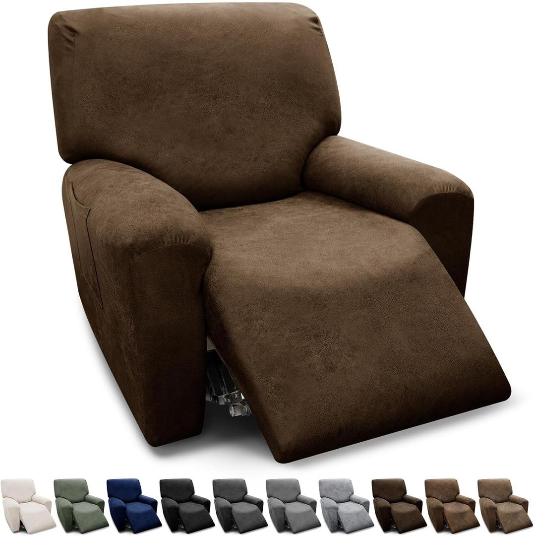 Chair Covers 4-Pieces Recliner Chair Covers 1 Seater Cover for Recliner Chair Leather Look Recliner Slipcovers with Pockets Spandex Fabric Furniture Covers(Recliner, Dark Brown)