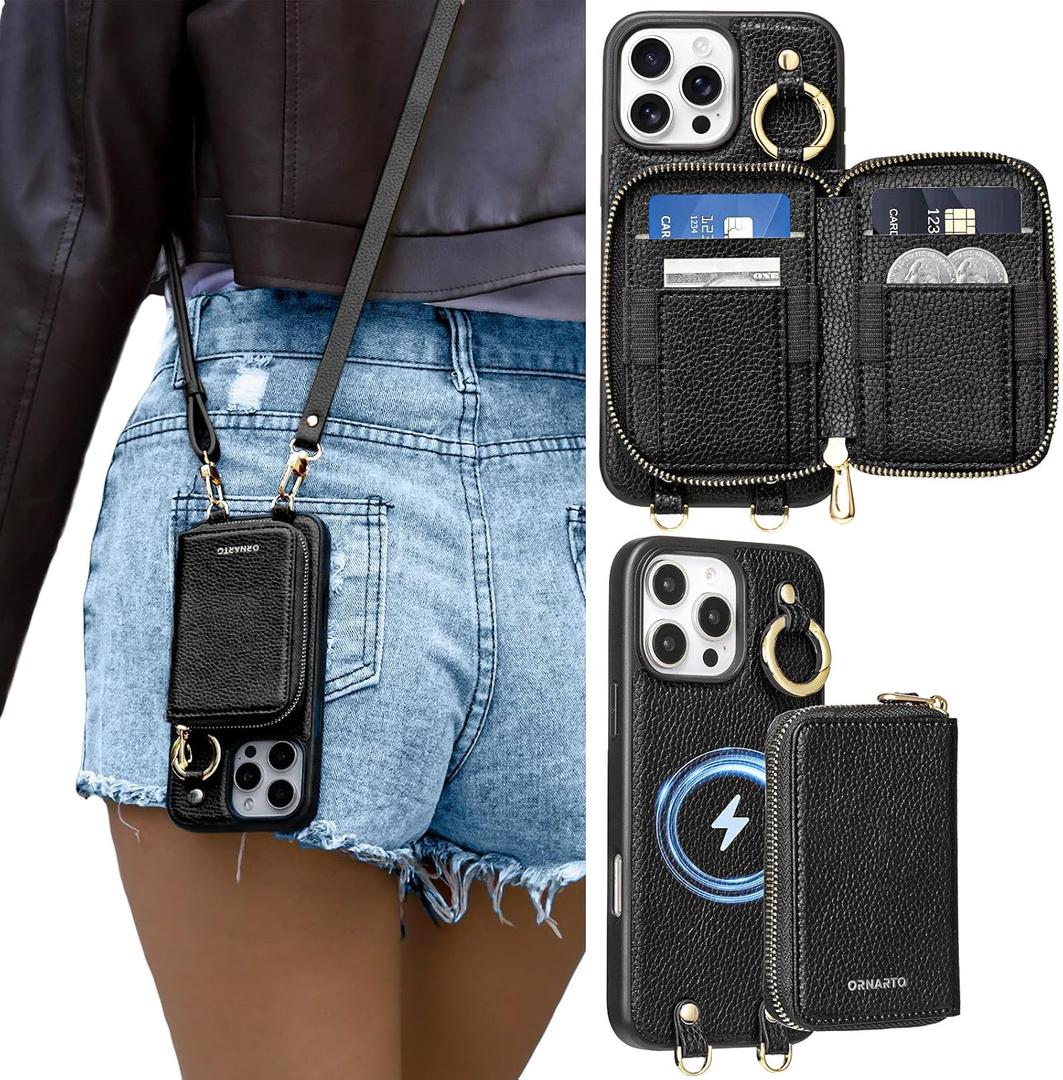 ORNARTO Magnetic Detachable Wallet Case for iPhone 16 Pro Max, [Compatible with MagSafe], Crossbody Wallet Case with Card Holder Wrist Strap, RFID Blocking PU Leather Wallet Phone Cover 6.9", Black