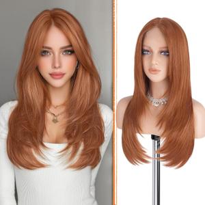 Haloo Copper Wig with Curtain Bangs - Lace Front Hairline Middle Part Long Layered Natural Looking Straight Synthetic Hair Wigs for Women Daily Party, 24 Inch Copper Red