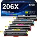 Compatible 206X Toner Cartridges 4 Pack High Yield Replacement for HP 206A 206X Toner Cartridge Set W2110X W2110A for HP Color Pro MFP M283fdw M283cdw M283 Pro M255 M255dw Printer (with Chip)