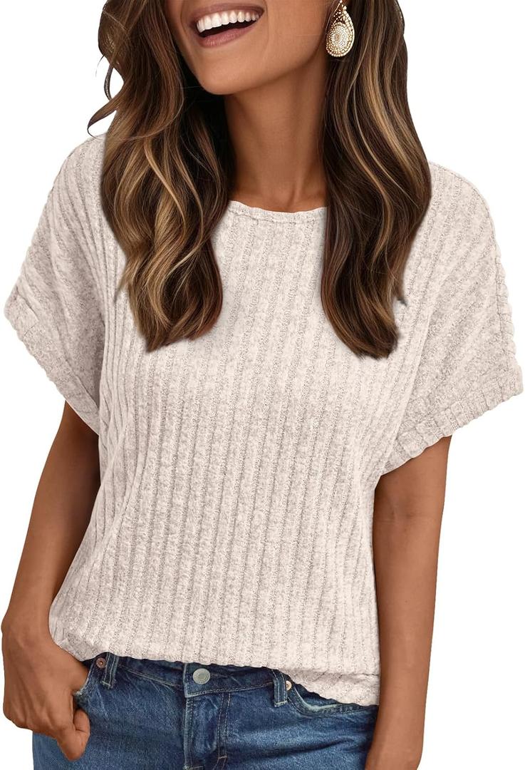 LILLUSORY Women Short Sleeve Top Dressy Casual Shirt Summer TextSweater (Beige, XL)