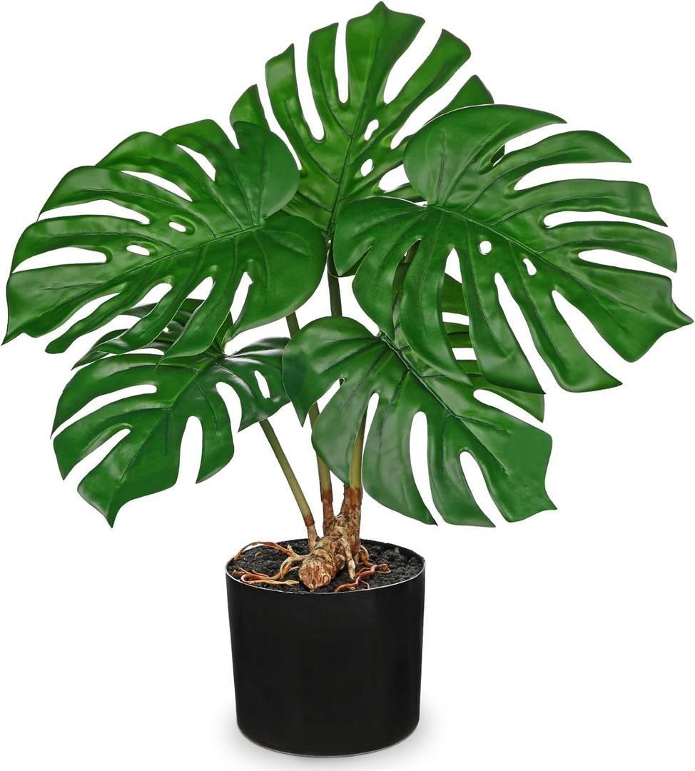 DILATATA Fake Plants Artificial Monstera Plant 18" Faux Potted Monstera Plant Indoor Tropical Palm Fronds with Black Pot for Indoor Home Decor Office Living Room Porch Decor (Green)