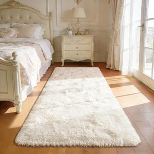 Przemy Fluffy Runner Rug for Bedroom Living Room, 2x6 Feet Ivory Shag Area Rugs, Soft Fuzzy Carpet for Bedside Nursery Kids Room College Dorm, Plush Throw Rug for Home Decor