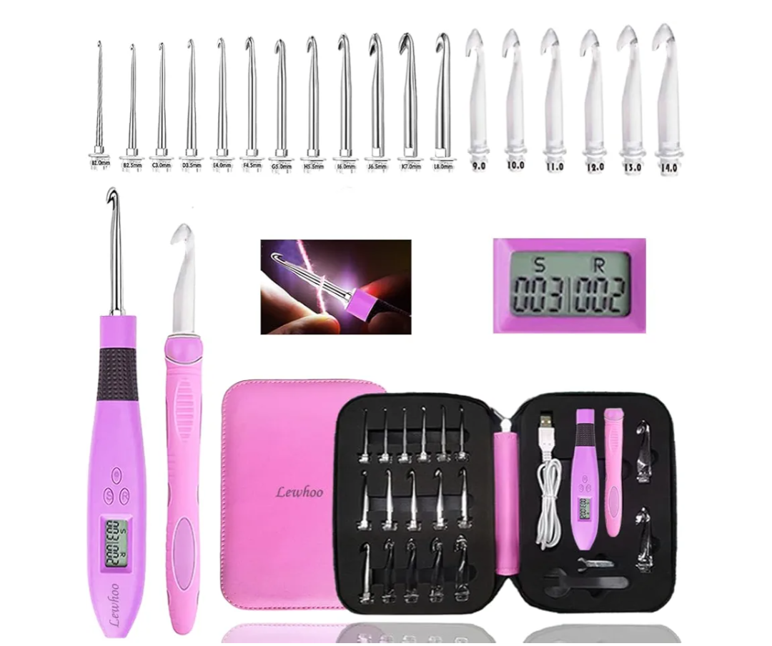 18 Size Counting Light Up Crochet Hook,Digital Crochet Hooks with Stitch Counter,Lighted Metal Crochet Needle with Case