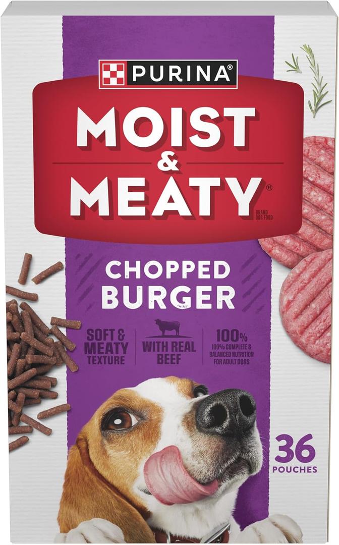 Purina Moist and Meaty Dog Food Chopped Burger Soft Dog Food Pouches - 36 ct. Pouch,  Best by May 2026