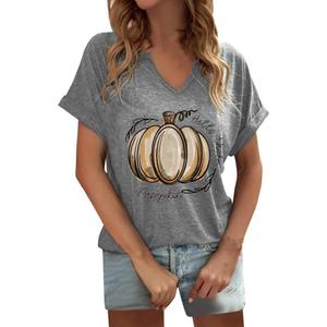Womens Fall Pumpkin Shirt Cute Ghost Spooky Short Sleeve Salem Witch T-Shirts Halloween Skeleton Graphic Tees (Gray, M)