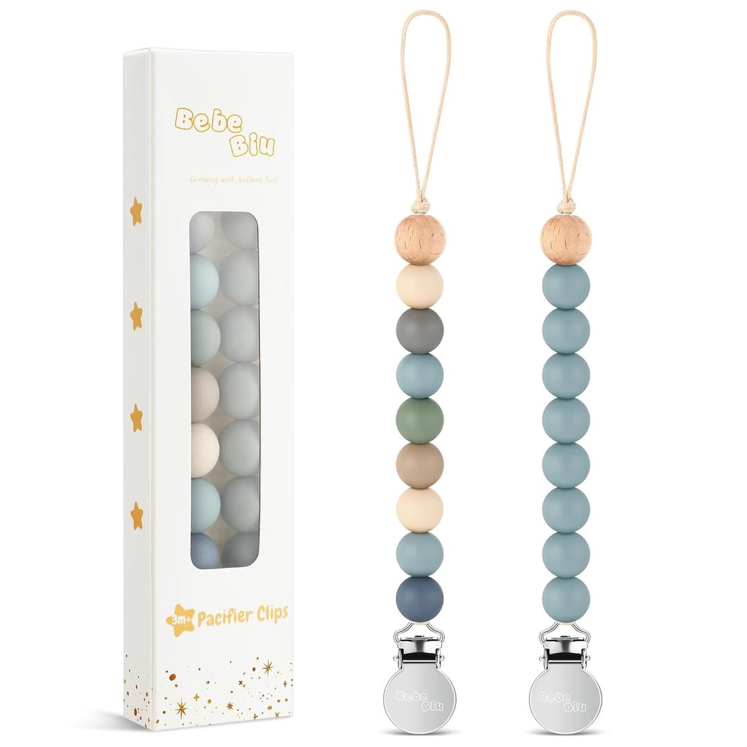 2 Pack Pacifier Clips, Silicone Pacifier Clip for Baby Boys and Girls, Baby Pacifier Strap with Silicone Beads, Soother Dummy Holder, Pacifier Holder, Keeps Pacifier Clean (Wilderness/Ether)