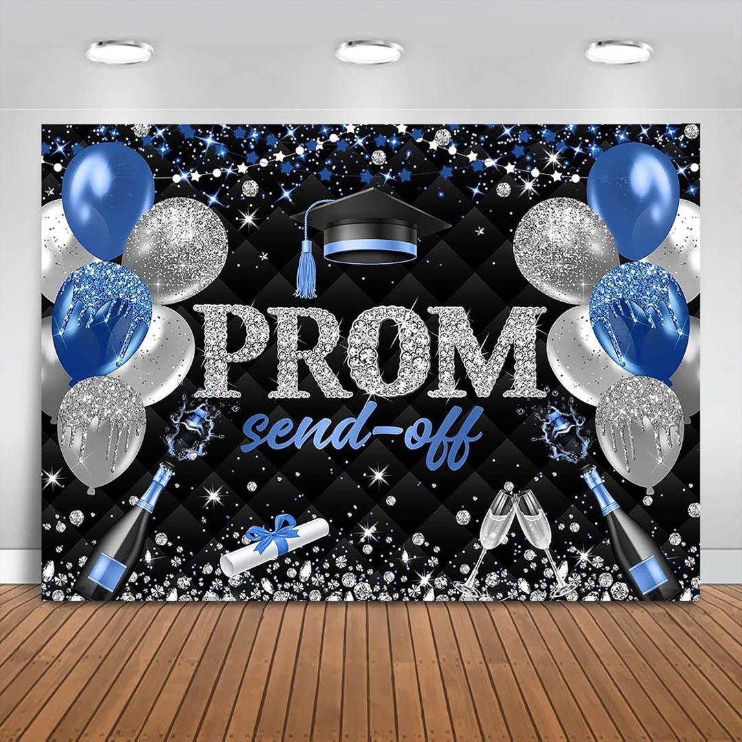 Prom Send Off 2025 Graduation Backdrop 7x5ft Blue and Black Class of 2025 Prom Background Party Decorations Congrats Grad Banner Photo Booth Props