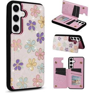 UEEBAI Wallet Case for Samsung Galaxy S25 5G with Card Holders, PU Leather Cover Kickstand RFID Blocking Double Magnetic Clasp Rilievo Flower Shockproof Flip Case for Women Girls - White Daisy