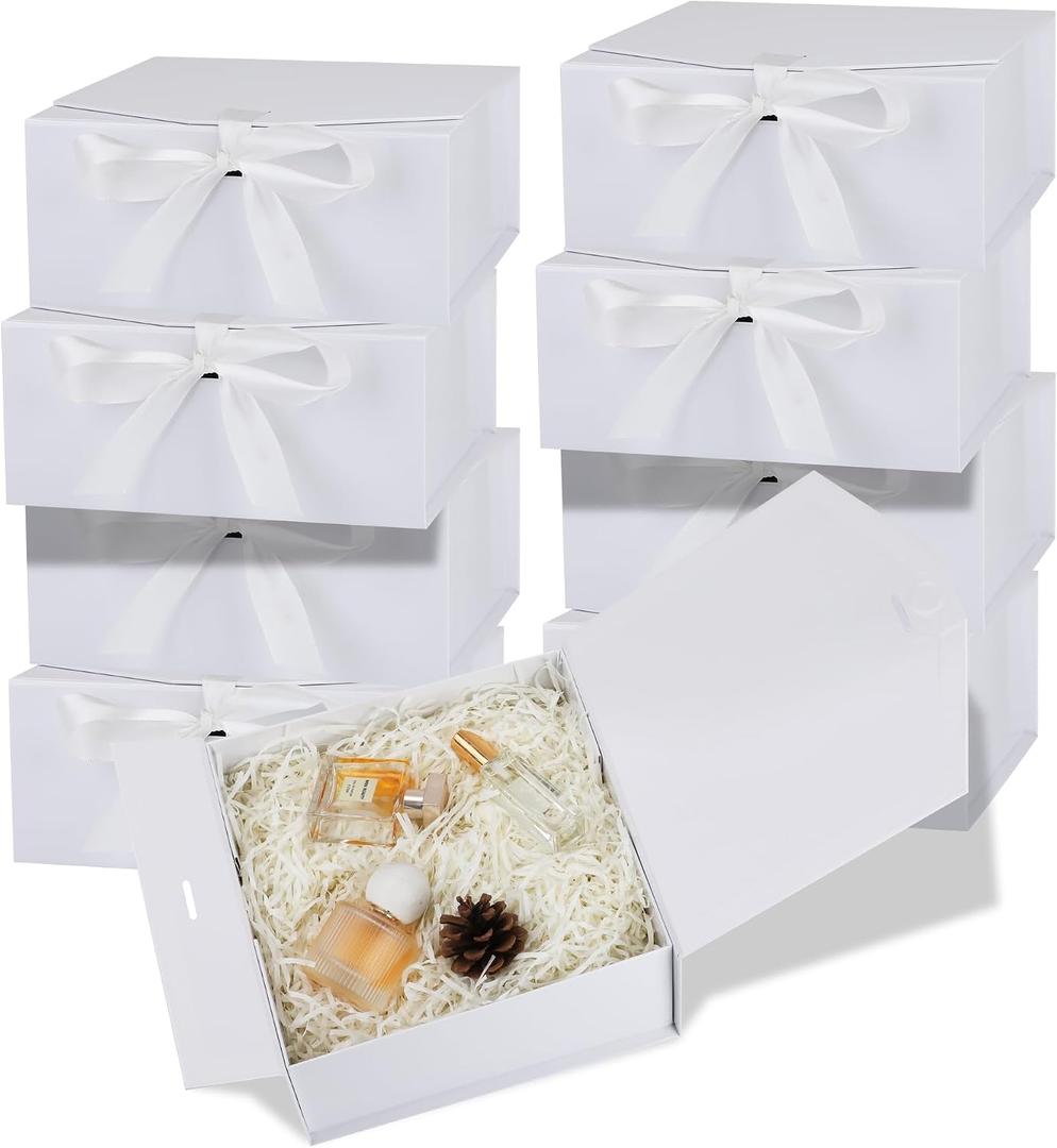 OEMVALATY 8-Pack Gift Boxes,9x9x4 Inch Magnetic Gift Boxes with Lids for Presents,White with Ribbon, Bridesmaid Proposal Box for Wedding, Storage, Birthday