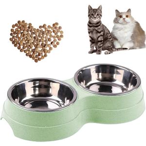 Double Cat Food Bowl -Stainless Steel Bowls with Easy-to-Clean Detachable Design, Non-Slip Base, Pet Feeder for Kittens and Medium Cats (Green)