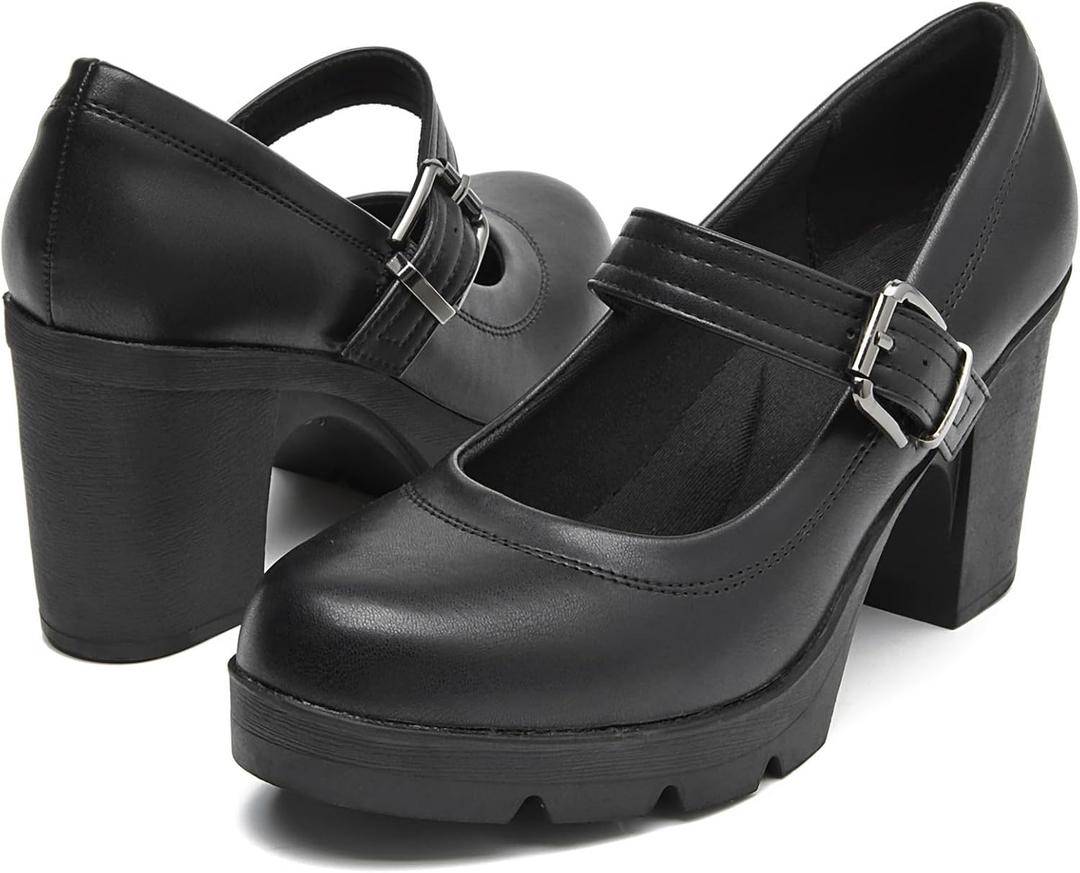 DADAWEN Women's Chunky Low Block Heels Mary Jane Closed Round Toe Pumps Comfortable Work Wedding Dress Shoes, Black, US Size 7