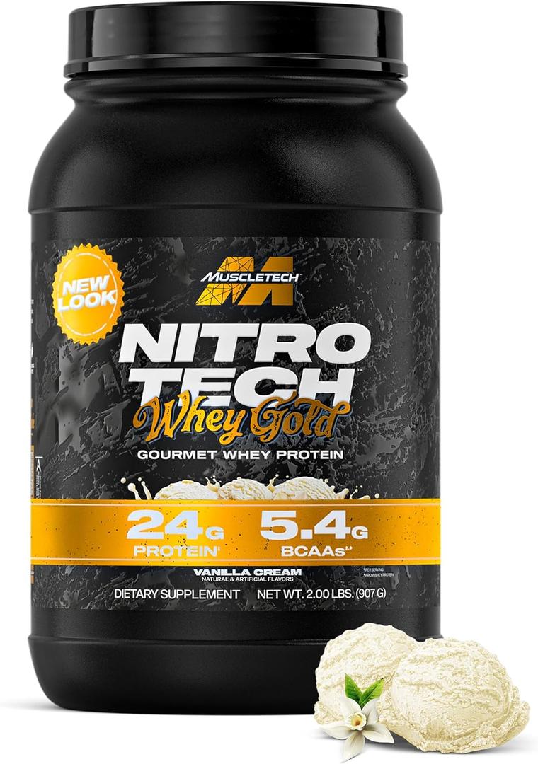 MuscleTech Whey Protein Powder (Vanilla Cream, 2LB) - Nitro-Tech Whey Protein Isolate Smoothie Mix for Lean Muscle & Recovery - 24g of Whey Gold for Women & Men - Packaging May Vary (EXP 06/07/28)