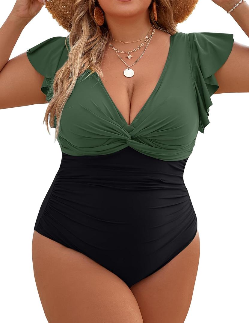 Blooming Jelly Womens Tummy Control Bathing Suit One Piece Plus Size Swimsuits Lace Up Back Ruffle Swim Suits 2025 (4X-Large Plus, Black Green)