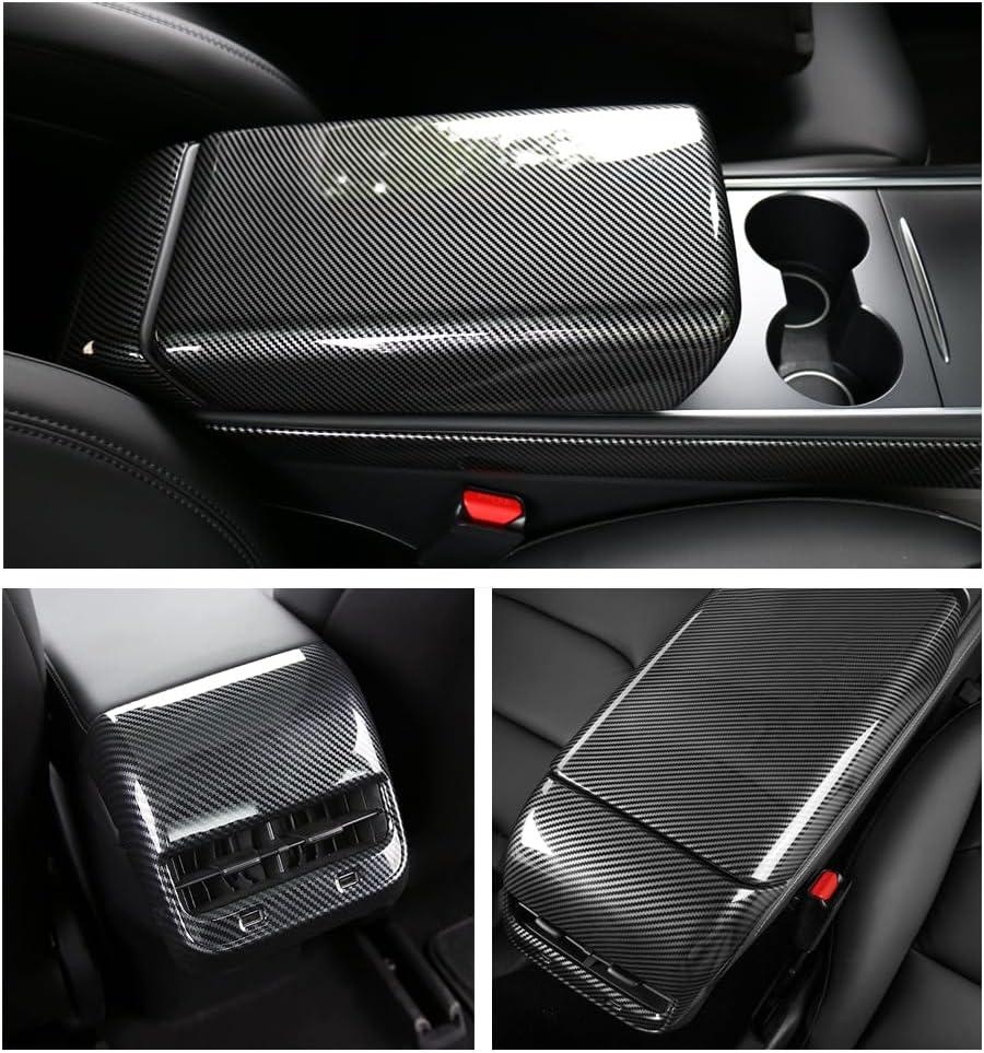 StarYtbl 2PCS Center Console Armrest Cover & Rear Air Condition Vent Cover for Tasla 2021-2023 Model 3 and 2020-2024 Model Y, Tasla Arm Rest Cover and Rear AC Vent Cover (Bright Carbon Fiber Pattern)