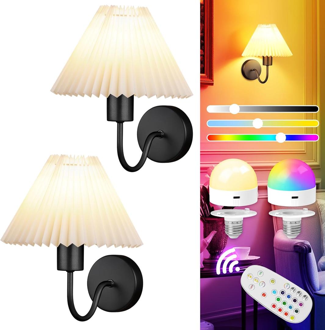 2 Pack Wireless Battery Operated Wall Sconces, RGB Color Changing LED Wall Lights with Remote Control, No Wiring Easy Install Modern Wall Lamps for Bedroom Living Room Hallway (Black)