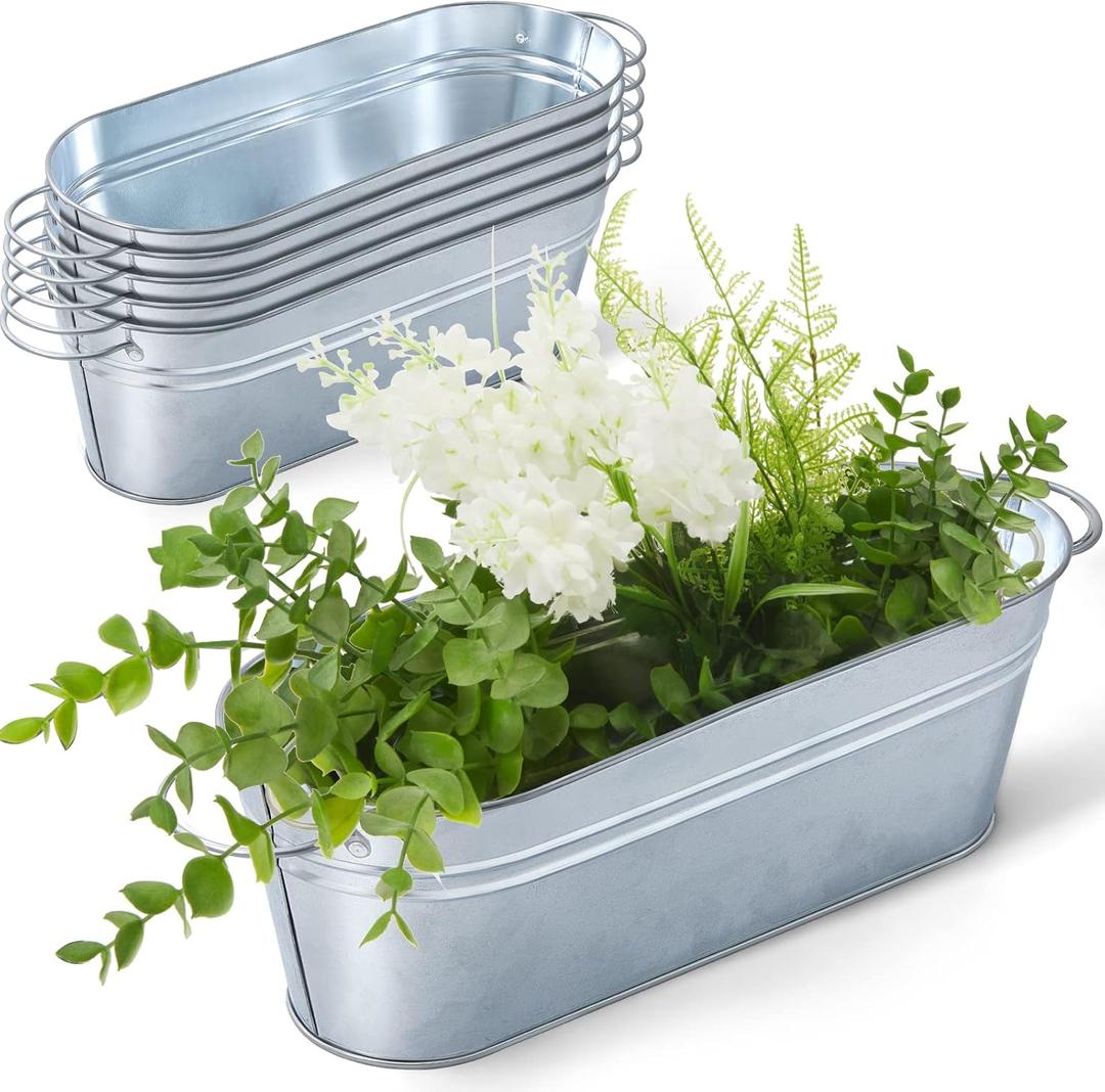 Sabary 6 Pcs Small Galvanized Oval Planters Tub Galvanized Buckets with Handle Oval Metal Pail Flower Pot Rustic Farmhouse Home Decor for Outdoor Party Wedding (11.42 x 3.94 x 2.99 Inch)