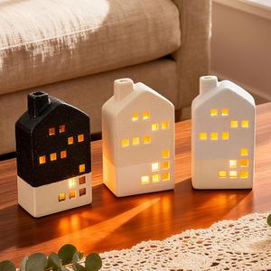 DN DECONATION Light Up Christmas Village Houses Decorations, 3-Pcs Ceramic Christmas Houses, Boho Small Winter Village Set with Lights for Tabletop Holiday Decor Table Display Farmhouse Xmas Town