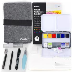 Funto Travel Watercolor Set, 12-Color Paint, 10 Premium Postcards, Brush, Brush Pen, Fineliner, Pencil, Painting Set for Adults, Beginner, and Artists