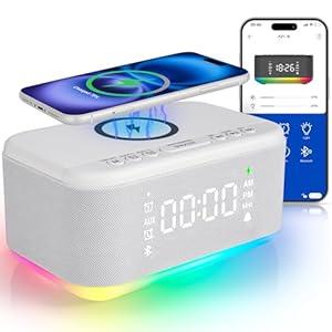 Fansbe Smart Bluetooth Alarm Clock Radio Bedroom, Digital Dual Alarm Clock Bedroom, Up to 10 Alarms Clock Night Light Speaker App/ Button Control FM Charge Snooze Adjustable Volume Dim 12/ 24H, White