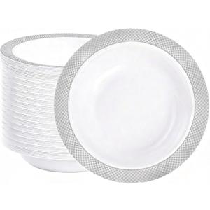 I00000 100 Silver Plastic Bowls,12 OZ White Disposable Bowls,Fancy Plastic Salad Bowl,Premium Heavy Duty Disposable Soup Bowl for Parties,Weddings,Dinners, Catering, Picnics