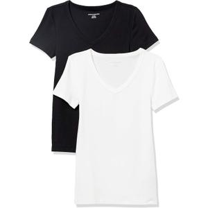 Amazon Essentials Women's Slim-Fit Short-Sleeve V-Neck T-Shirt, Pack of 2 (Medium)