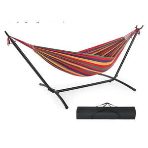 DUMOS Double Hammock with Space Saving Stand, Heavy Duty Steel Frame, Portable for Outside & Indoor Use, 450lbs Capacity, Easy Assembly, Carrying Bag Included, Red