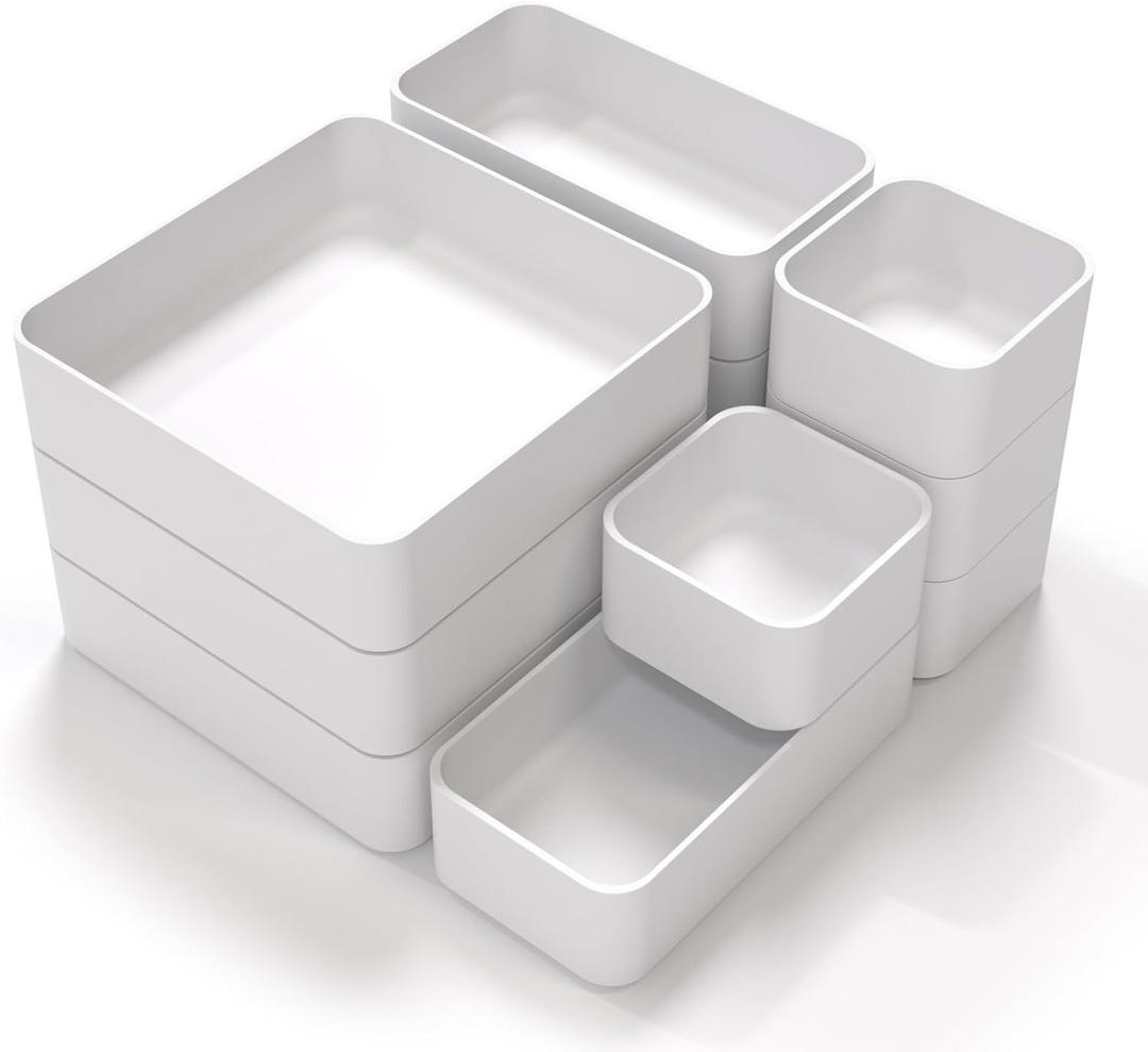 CHANCETSUI 11-Piece Stackable Drawer Organizer Set, Multi-size Desk Drawer Organizer Trays Vanity Storage Bins for Storing Makeup, Stationery, Utensils in Bathroom Dresser, Office and Kitchen (White)