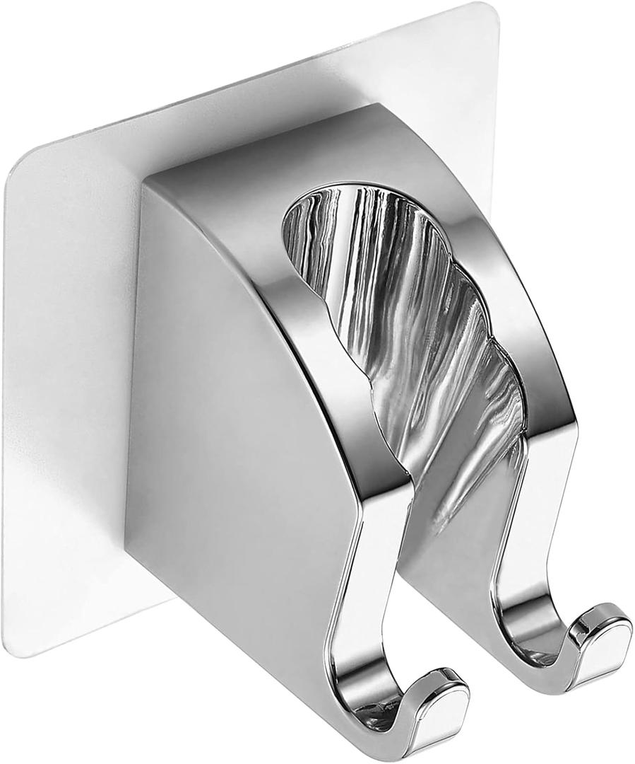 JONKEAN Chrome Handheld Shower Head Holder with 2 Hanger Hooks Strong Adhesive Shower Head Holder Adjustable Shower Wand Holder Wall Mount, Bathroom Waterproof Shower Bracket Holder