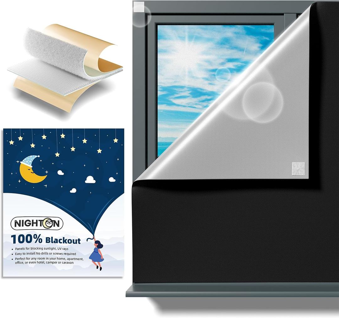 NIGHTON Portable Blackout Curtains 54"70", Strong Hook and Loop Tape Strips with Adhesive, Cuttable Blackout Window Cover, 100% Black Out Material Blinds for Baby Nursery or Travel - Black