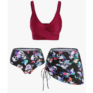 DRESSFO Women's High Waisted Bikini Sets with Cover Up Skirt 3 Piece Gothic Skull Swimsuit Padded Tummy Control Bathing Suit, XXXL