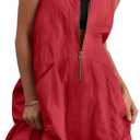 Fisoew Women's Sleeveless Tank Mini Dress Casual Half Zip V Neck Loose Mesh Back Utility Summer Dresses with Pockets (X-Large, Red)