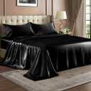BEDELITE King Size Sheets Set, Luxury Soft Black Satin Sheets for Hair and Skin, Similar to Silk Bed Sheets Set 4 Pieces with 1 Deep Pocket Fitted Sheet, 1 Flat Sheet, and 2 Pillowcases