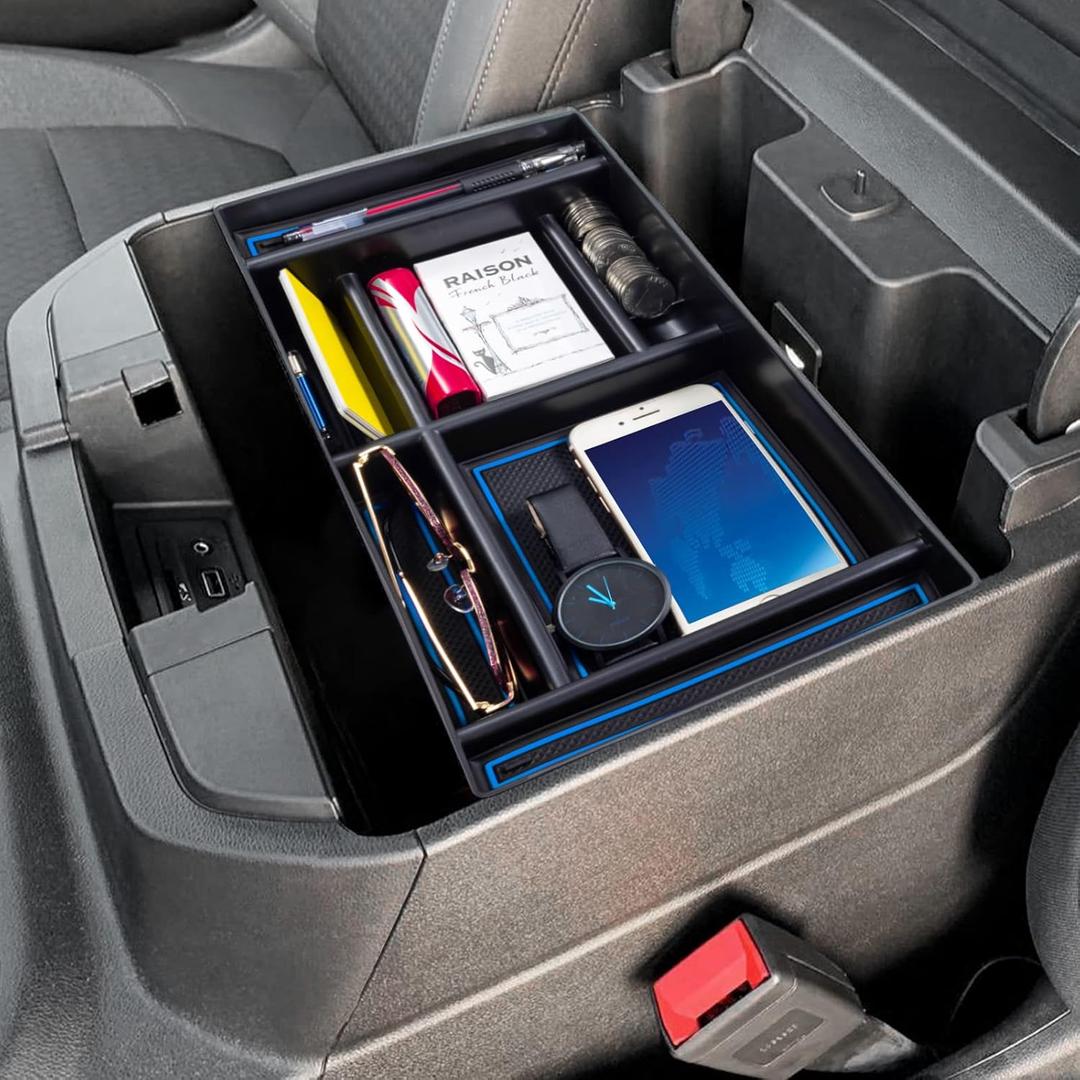 PIMCAR Center Console Organizer Compatible with 2019-2022 Chevy Silverado 1500/GMC Sierra 1500 & 2020-2023 Chevy Silverado/GMC Sierra 2500 HD/3500 HD (Full Console w/Bucket Seats ONLY) Blue Trim