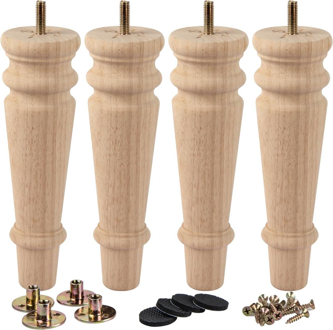 La Vane 8 inch / 20cm Unfinished Wooden Furniture Legs, 4PCS Soild Wood Turned Spindle Replacement Bun Feet with Pre-Drilled M8 Inch Bolt & Mounting Plate for Sofa Couch Chair Ottoman (Type #04)