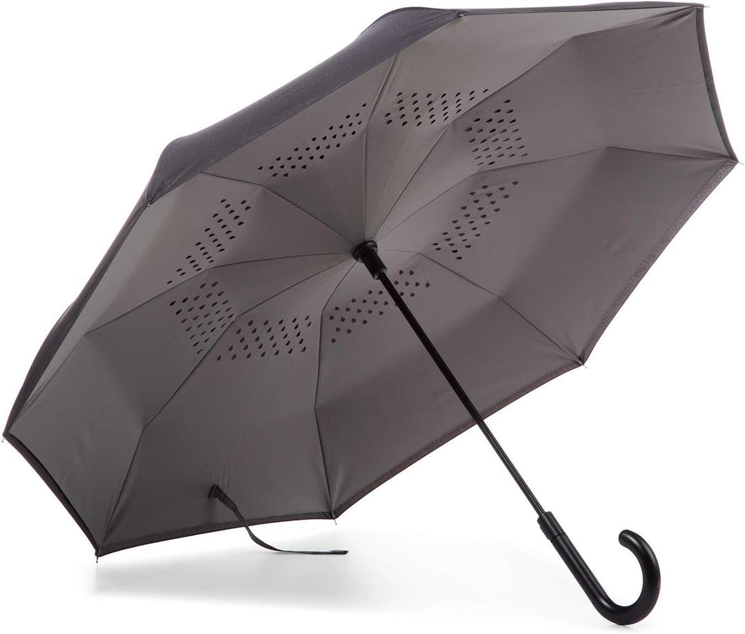 Totes InBrella - Reverse Close Umbrella with Invisible Water Repellent Coating - Auto Close, Inverted, Dripless, and Stormproof for Rainy Weather (Black/Grey)
