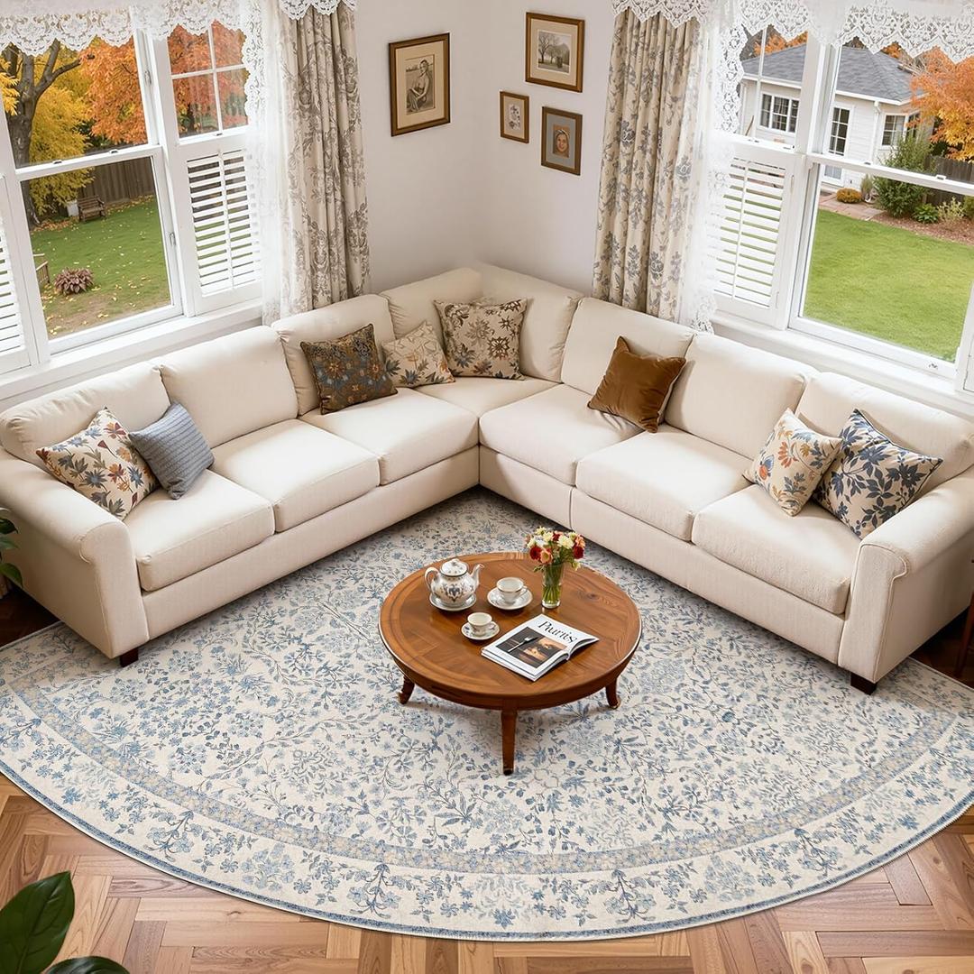 jinchan Zenith Corner Rug 8x8 Area Rug Floral Soft Aesthetic Rug Non-Slip Low Pile Machine Washable Carpet for Entryway Bedroom Kids Room Kitchen College Dorm Blue/Cream