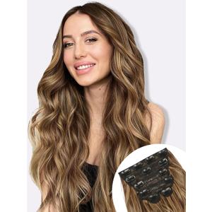 2 x ALXNAN Clip in Hair Extension6PCS Brown with Highlights Long Wavy Hair Extension 24 Inch Thick Soft Synthetic Hair Double Weft Hairpieces for Women