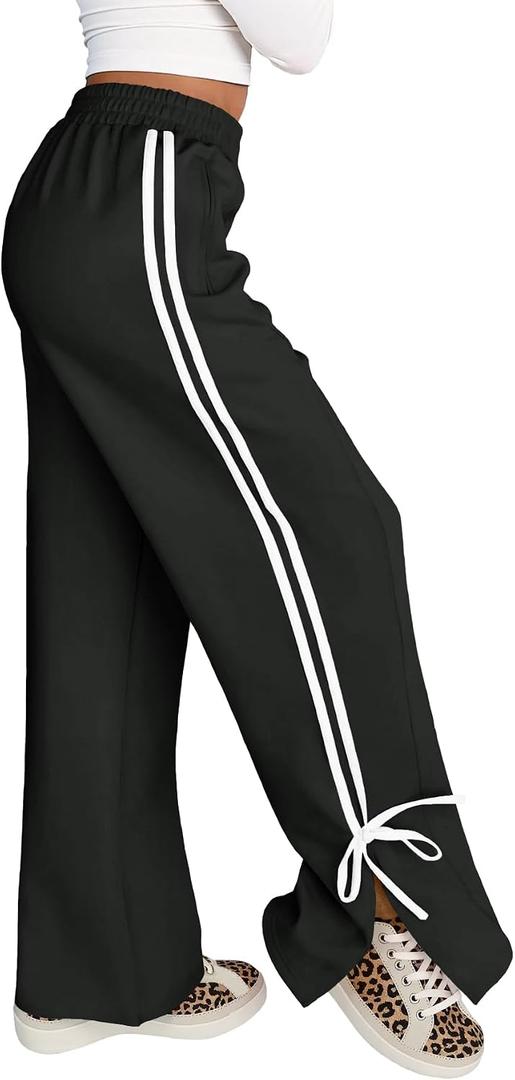Fisoew Womens Wide Leg Sweatpants Casual High Waisted Color Block Side Slit Baggy Pants with Pockets (Black, M)