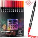 Red Duo Tip Marker Pens, 12 Pack Fine & Brush Markers for Adult Coloring Books No Bleeding, Vibrant Red Markers for Holiday Cards, Bold Lettering, Attention-Grabbing Highlights and Logos