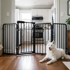 Freestanding Foldable Dog Gate with Door, 30" Tall, Up to 70" Wide