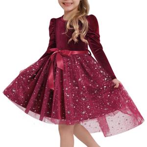 Luckrizyy Girls Velvet Christmas Dress Toddler Tulle Sequin Tutu Dresses Kids Winter Party Holiday Casual Princess Dress 2-7Y Red (Red)