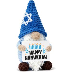 Hanukkah Gnome Crochet Plush, Handmade Blue Gnome with Star David Hat & Happy Hanukkah Candle Card, Mini Amigurumi Jewish, Chanukah Decor for Women, Festival of Lights Desk Ornament